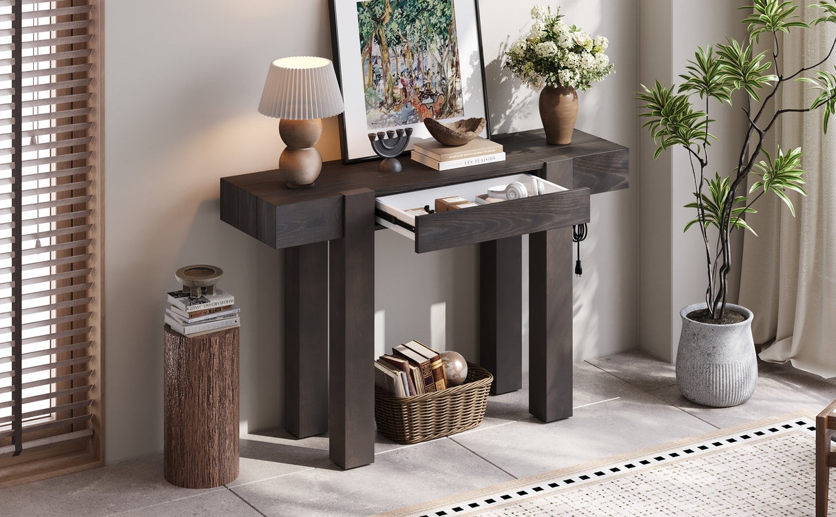 TREXM Rustic Minimalist Console Table with Hidden Drawer