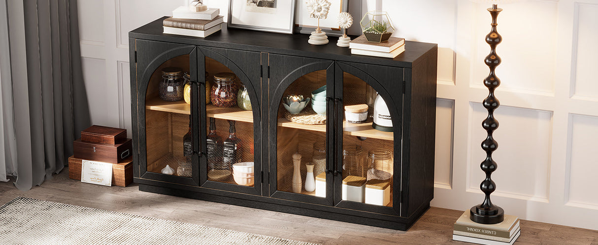 4-Door Large Storage Sideboard Buffet Cabinet with Glass Doors (Black)