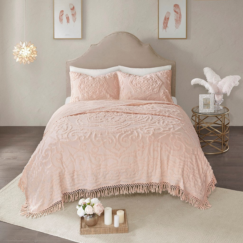 Tufted Cotton Chenille Medallion Fringe Coverlet Mini Set Blush Full/Queen