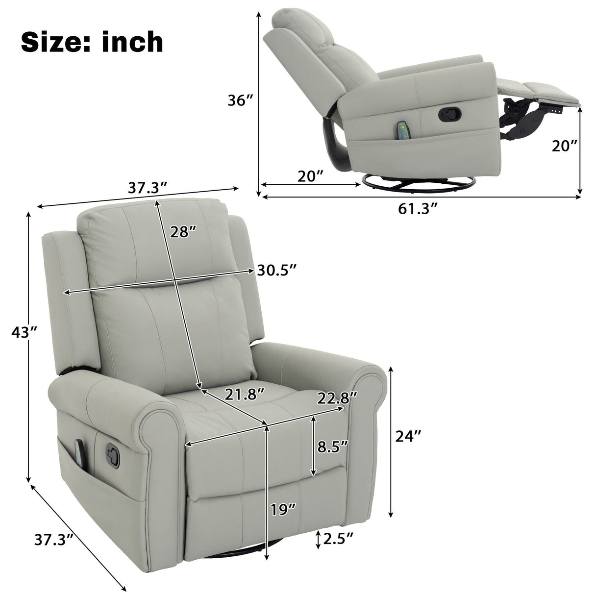 Manual Recliner Chair with 270-Degree Swivel, Massage, Heating, and Dual Reclining Positions
