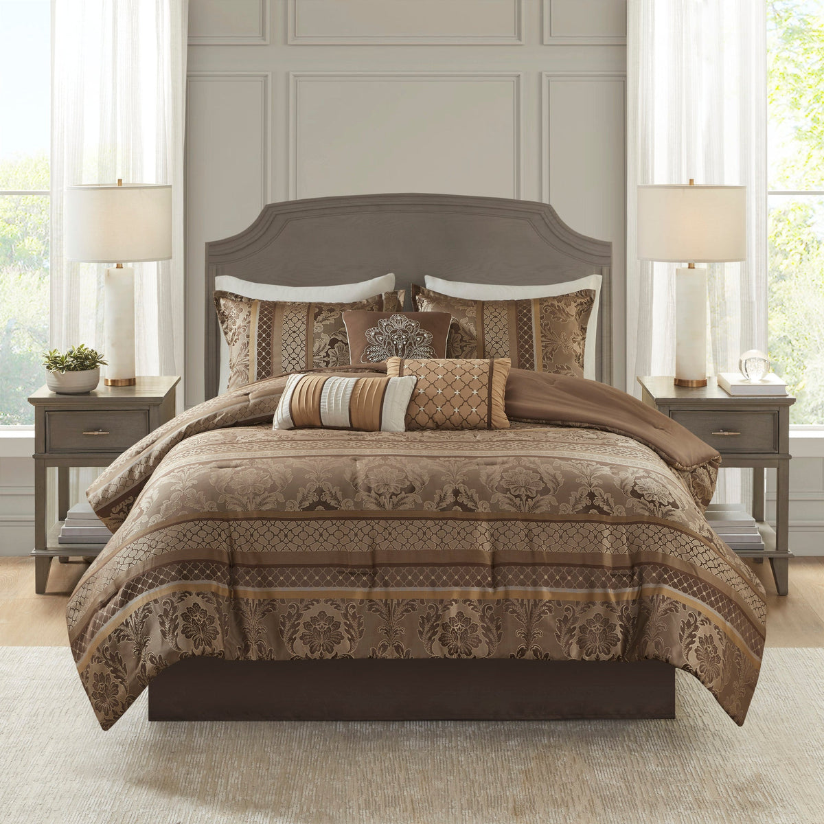 7 Piece Jacquard Comforter Set Brown/Gold Queen