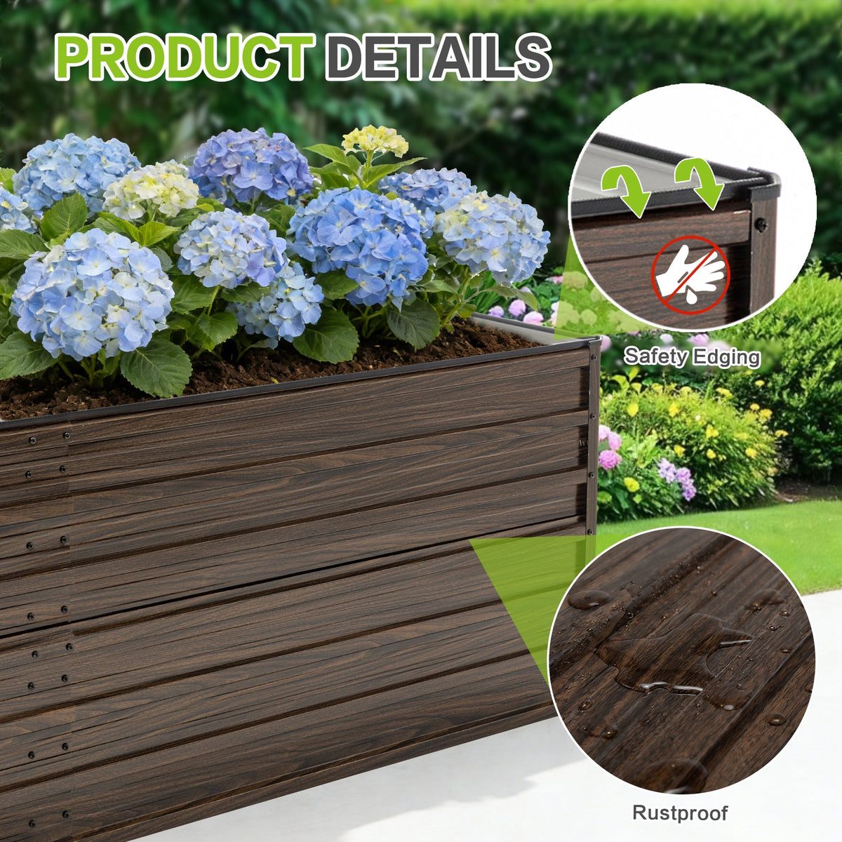 Walnut Raised Metal Garden Bed Kit with Safety Edging - 74.6" x 35.4" x 25"