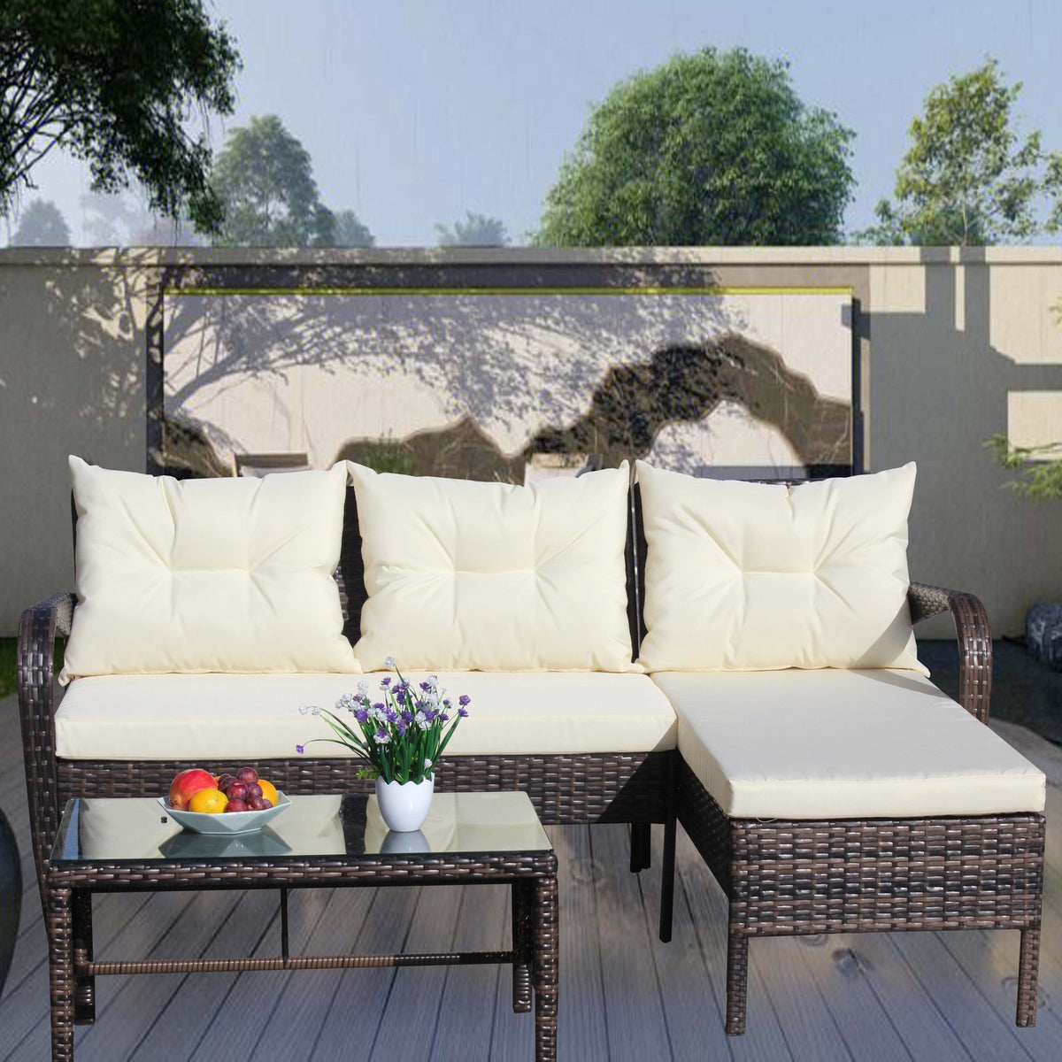 Outdoor Patio Furniture 3-Piece Conversation Set (Beige Cushion)