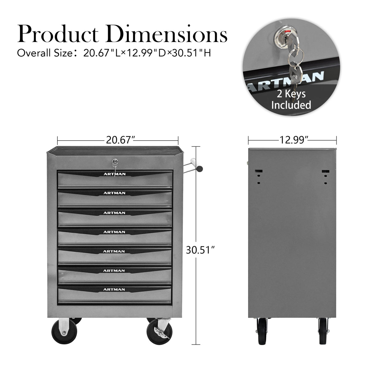 Rolling Metal Tool Chest with 7 Drawers, 20" Cabinet Silver