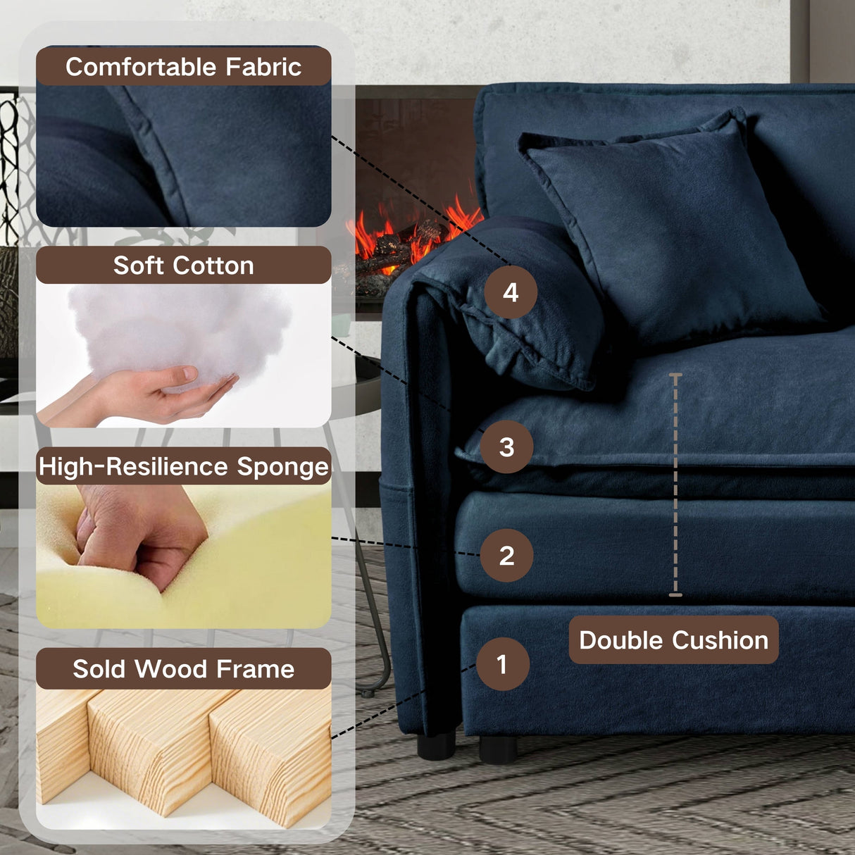 Oversized Deep Seat Sectional Sofa Modern Chenille Cloud Couch Large 3 Seater Modular Sofa with 3 Pillows