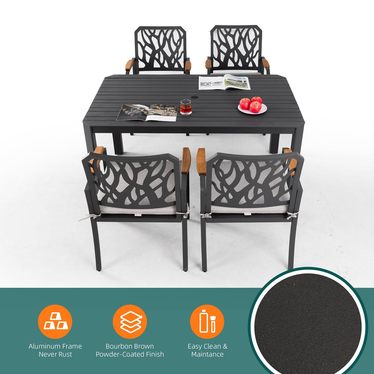 5PC Outdoor Patio Aluminum Dining Set with Cushions - Bourbon Brown