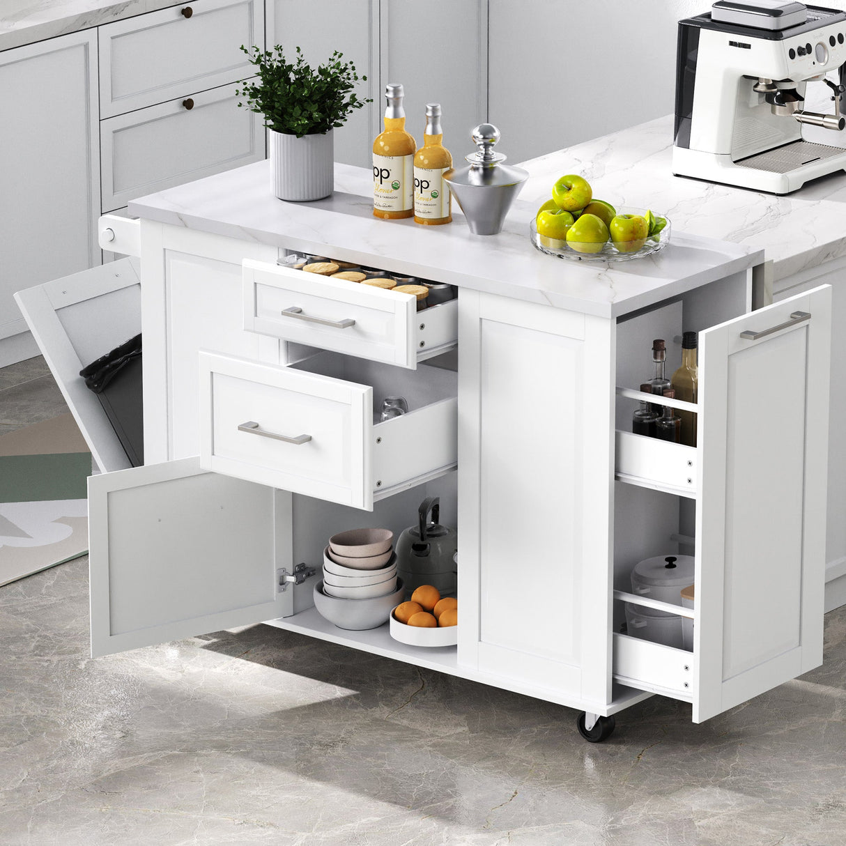 K&K Kitchen Island with Storage Tilt Trash Can Cabinet