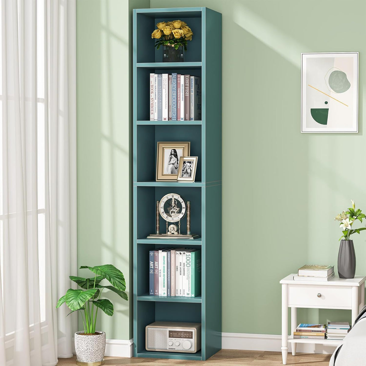 6 Tier Narrow Corner Cube Bookcase with Open Cubes - Light Blue or Dark Brown
