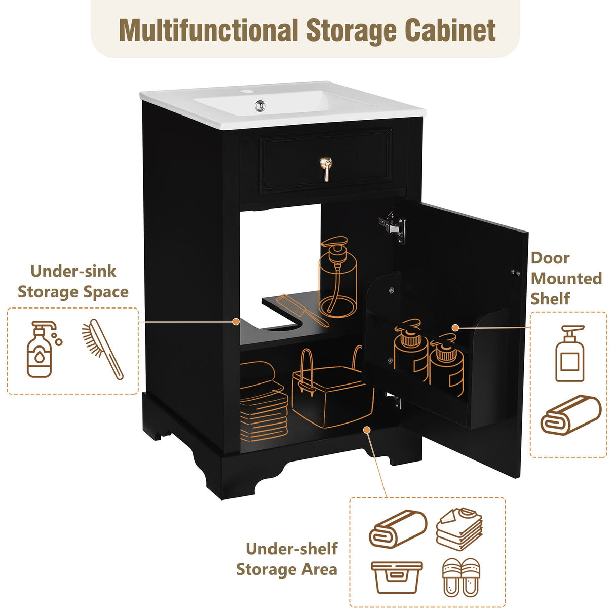 Elegant Bathroom Vanity With Ceramic Sink, Soft Close Door, Adjustable Shelf