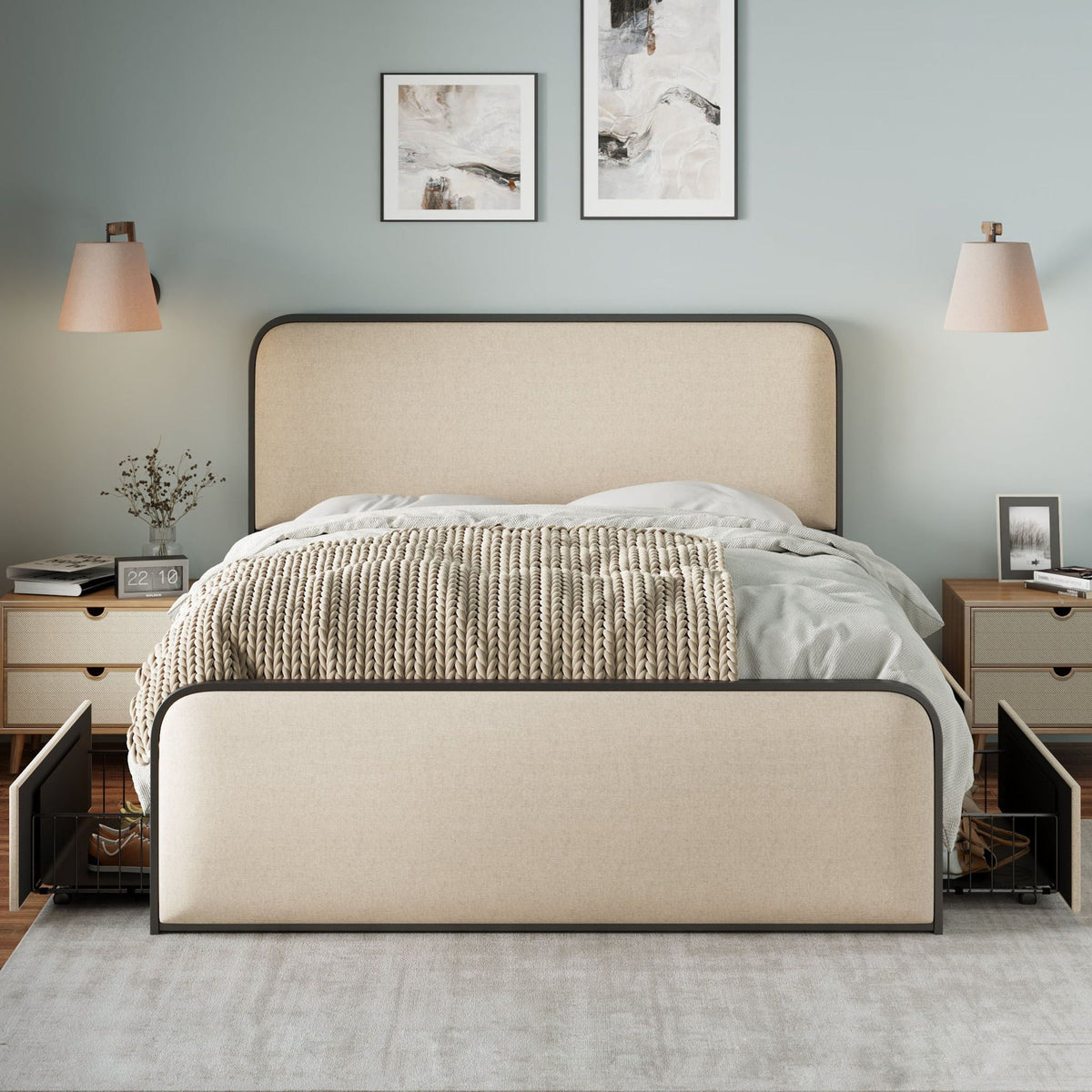 Modern Bed with Curved Upholstered Headboard and Footboard
