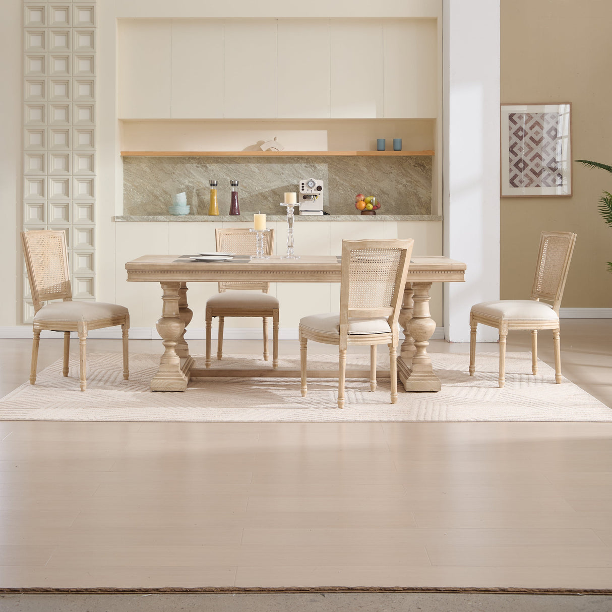 French Country Dining Chairs Set of 2 Upholstered With Natural Rattan Back