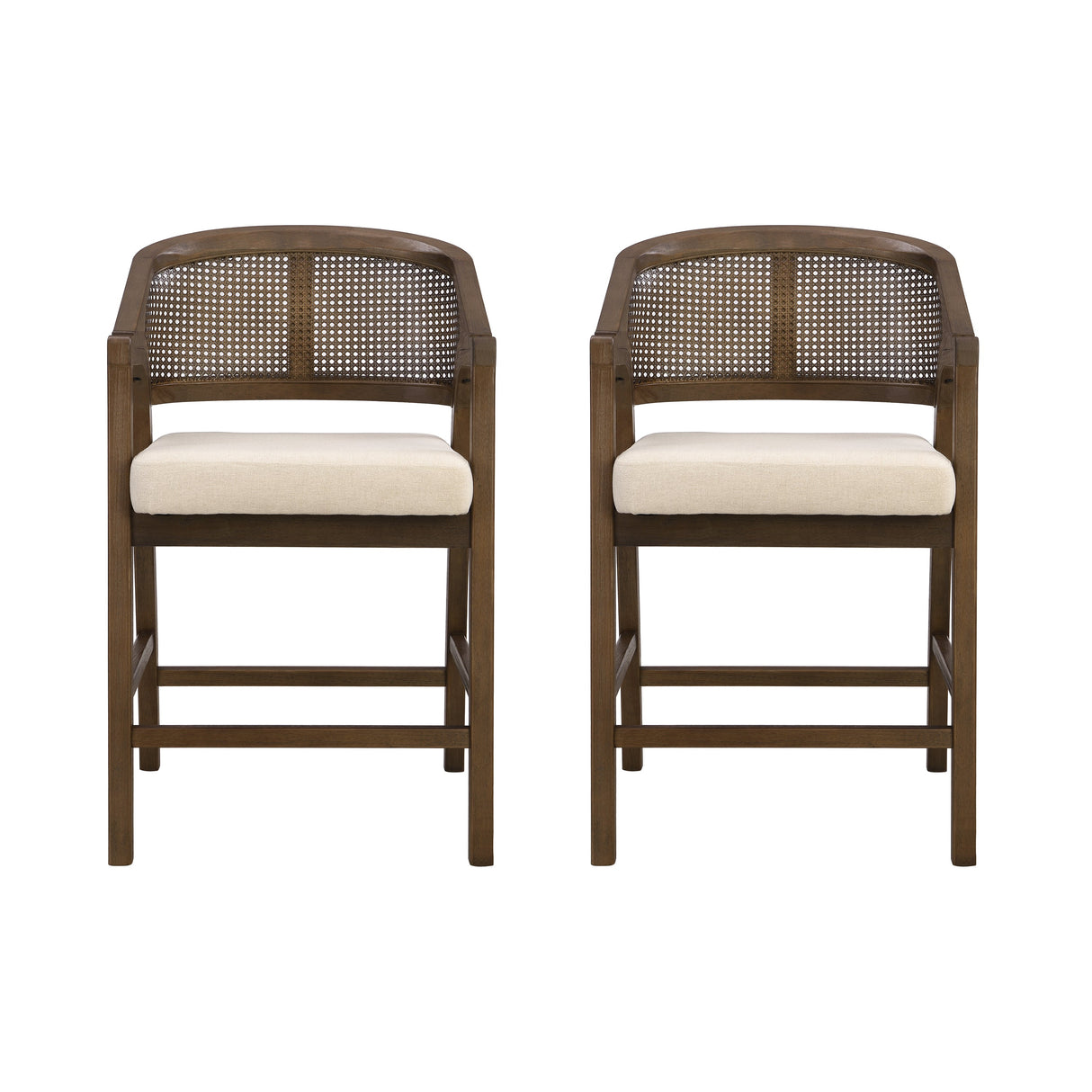 Wooden Frame Counter Stool with Rattan Back, Set of 2