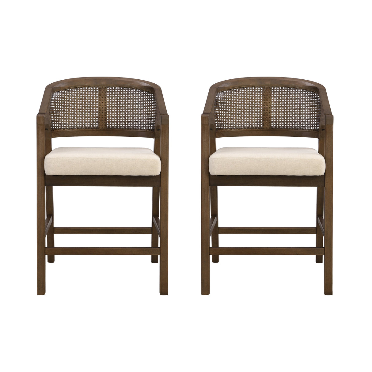 Wooden Frame Counter Stool With Rattan Back - Set of 2