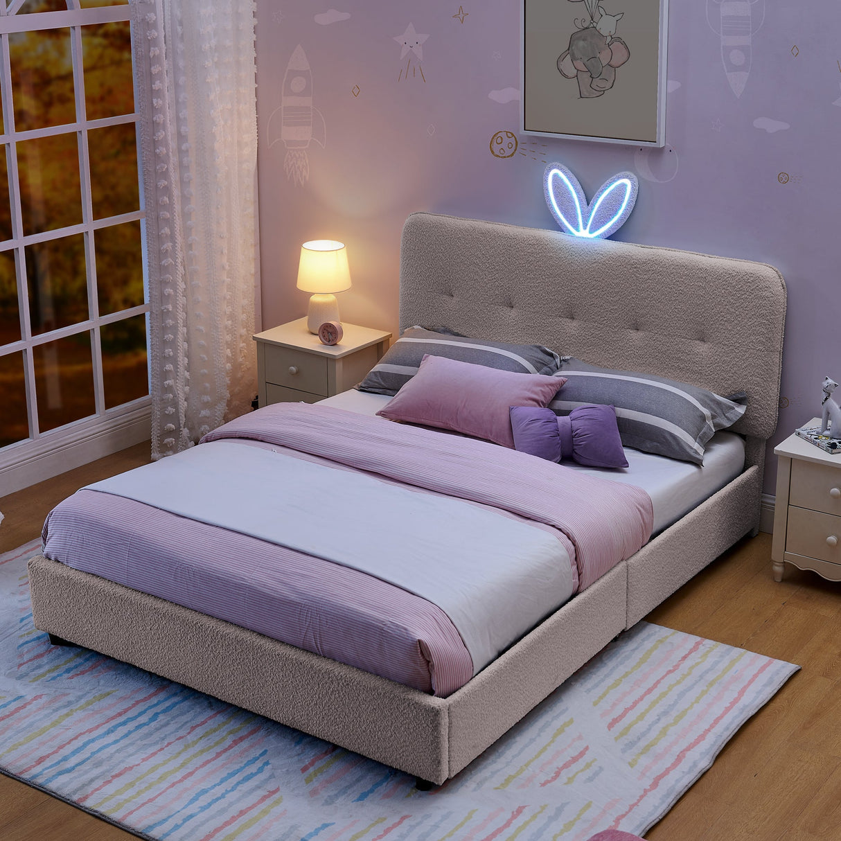 Full Size Kids Upholstered Bed with Oversized Rabbit Ear Headboard, LED Light & 4 Storage Drawers, Boucle Fabric (79.5''X55.75''X41'')