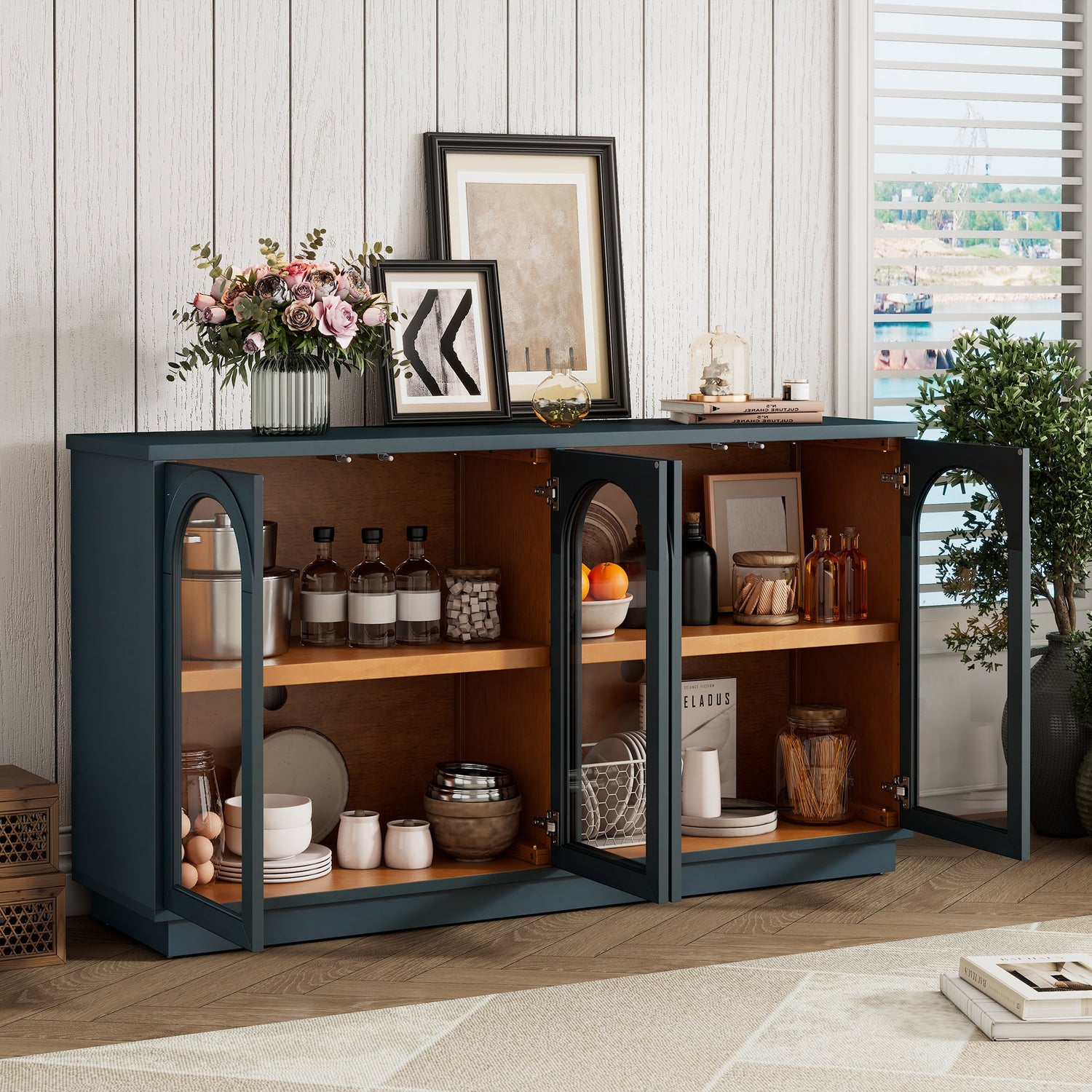 Arched Storage Cabinet with Glass Doors