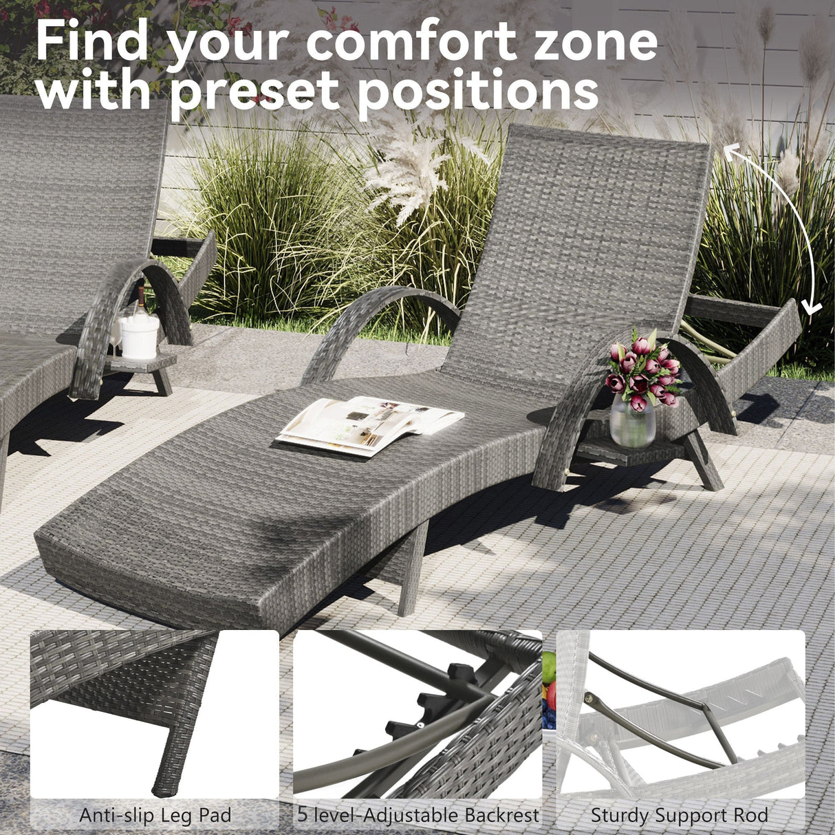 K&K 80'' Outdoor Wicker Chaise Lounge Chairs Set of 2