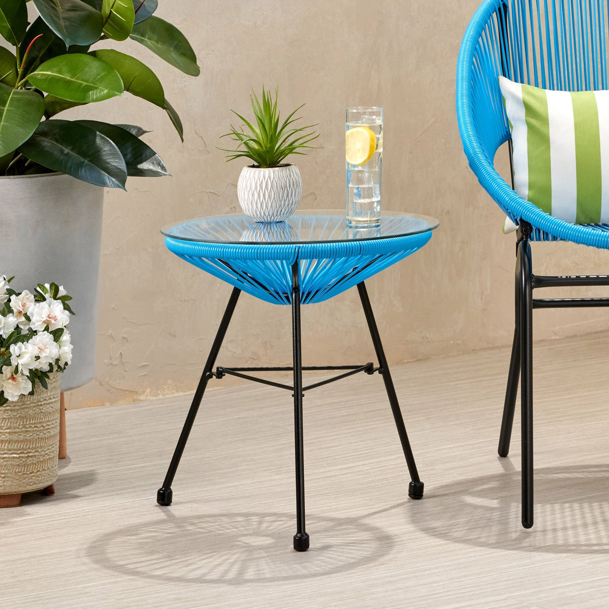 NUSA Modern Rattan Side Table with Tempered Glass Top in Blue