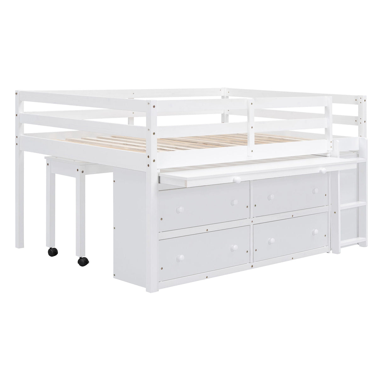 Loft Bed With Retractable Writing Desk And 4 Drawers, With Lateral Portable Desk And Shelves