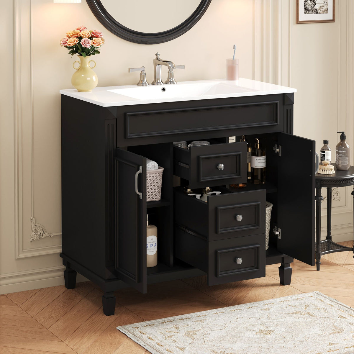 Bathroom Vanity with Ceramic Sink and Soft-Closing Storage - Dark Gray, White, or Black