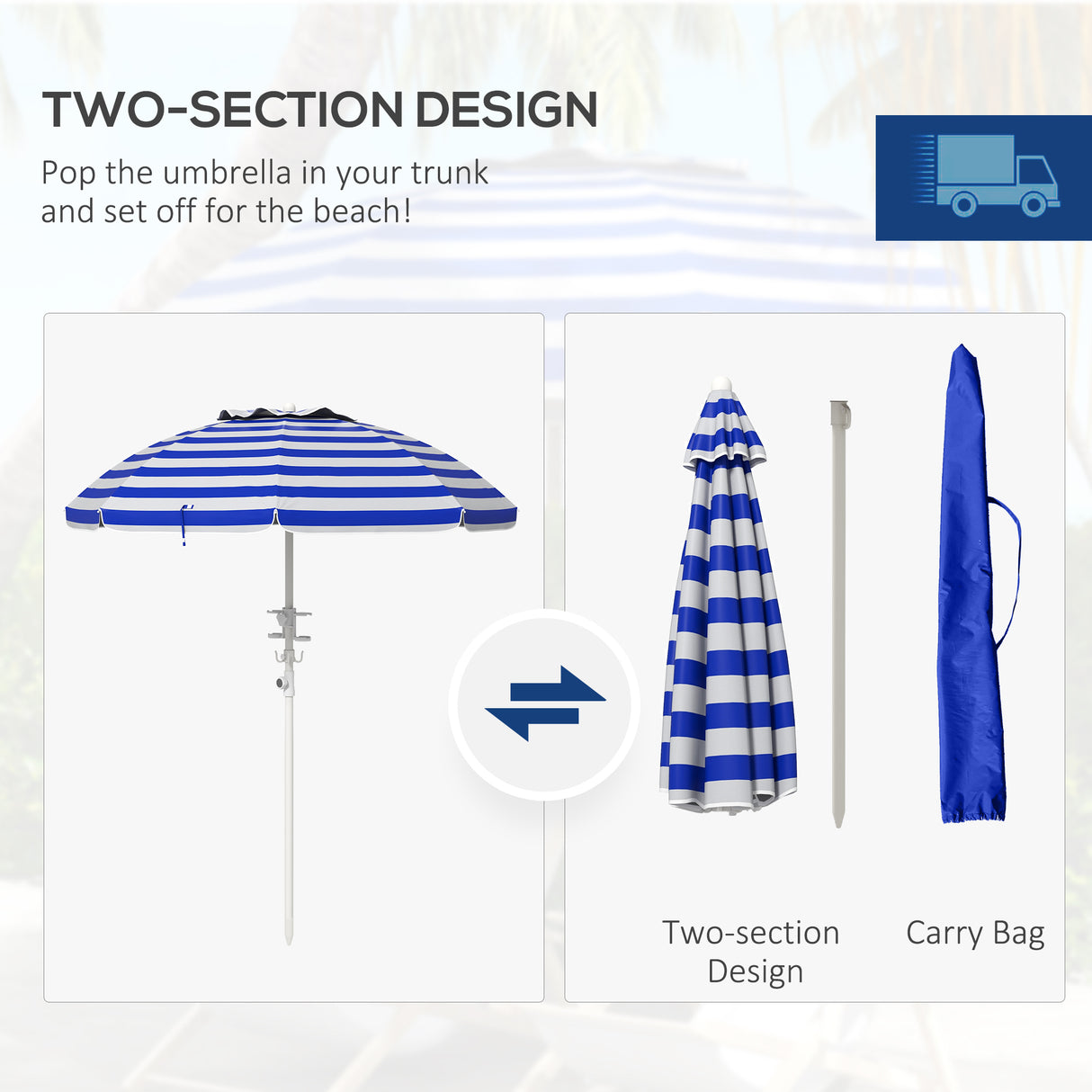 5.7' portable beach umbrella with tilt, adjustable height, 2 cup holders & hooks, uv 40+ with vented canopy, blue white stripe