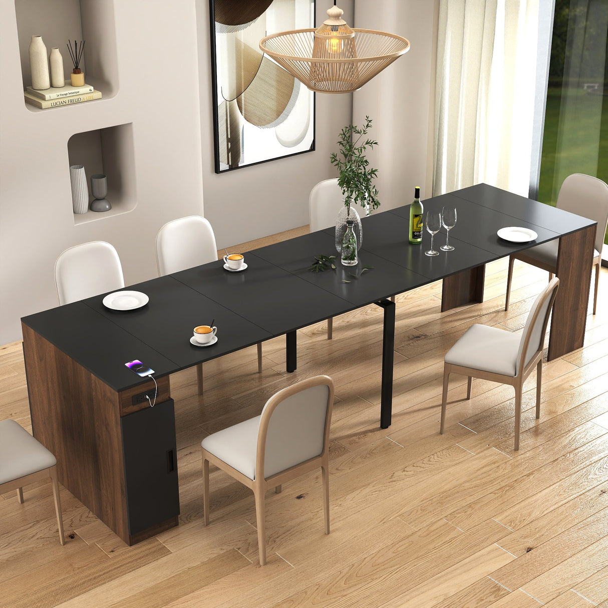 Modern Multifunctional Extendable Dining Table with Outlet