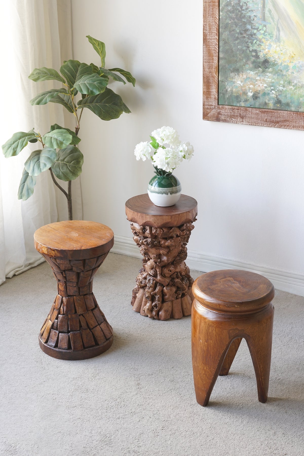 Brown Mulberry and Paulownia Wood Accent Table with Organic Tree Root Base
