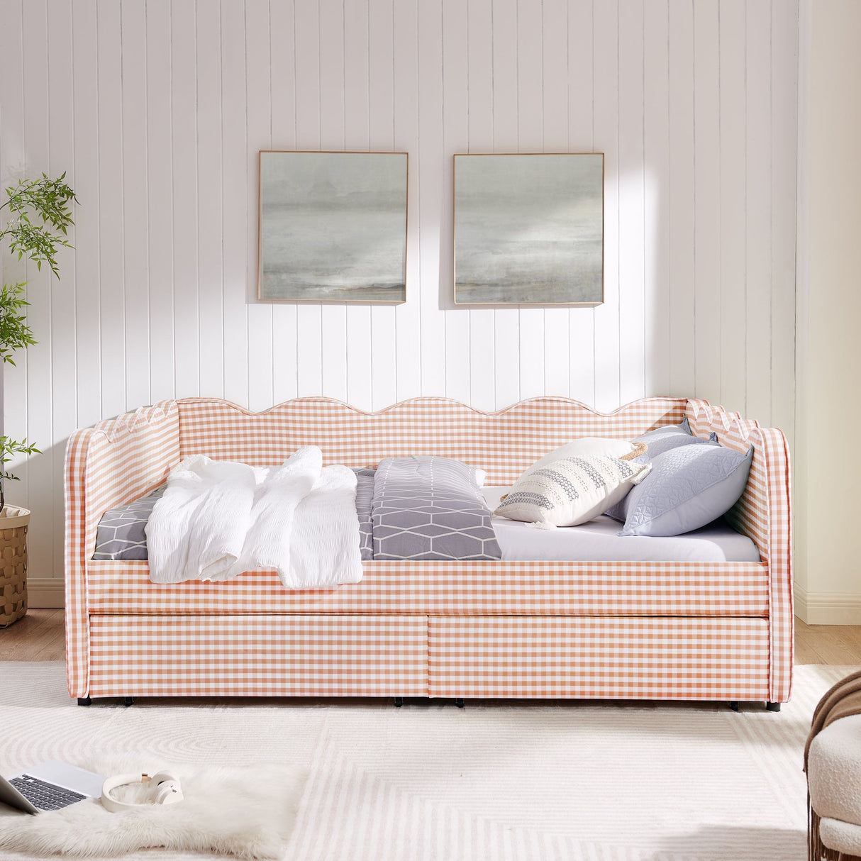 Queen Size Cozy Gingham Daybed with Two Storage Drawers and USB Port