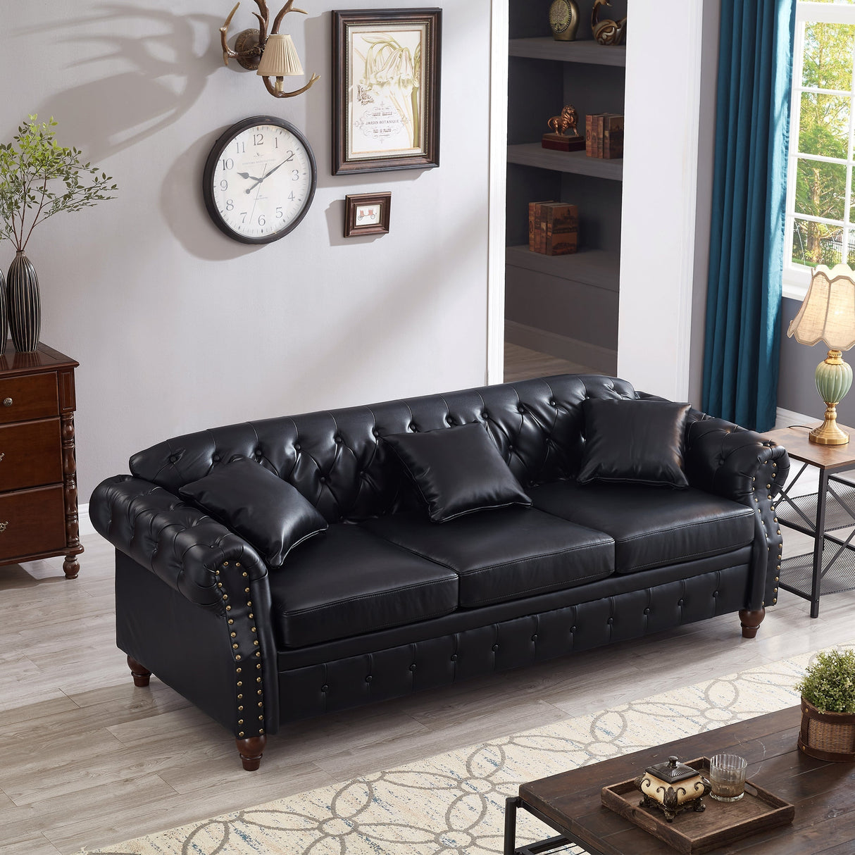 85.8' Living Room Chesterfield Sofa Classic Tufted Design Faux Leather PU Upholstered Sofa with Storage (Black)