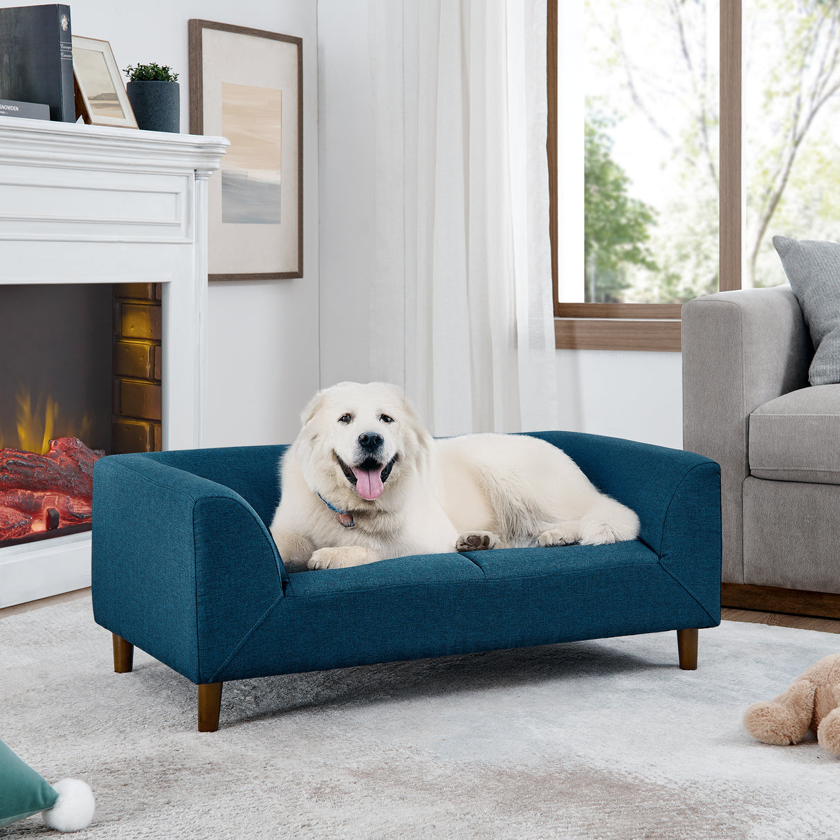 Modern-Rectangular-Pet-Sofa-with-Backrest-and-Armrests-Blue-Linen-Pet-Bed