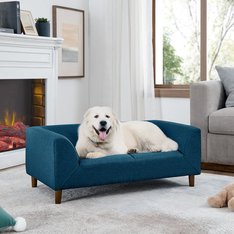 Modern-Rectangular-Pet-Sofa-with-Backrest-and-Armrests-Blue-Linen-Pet-Bed