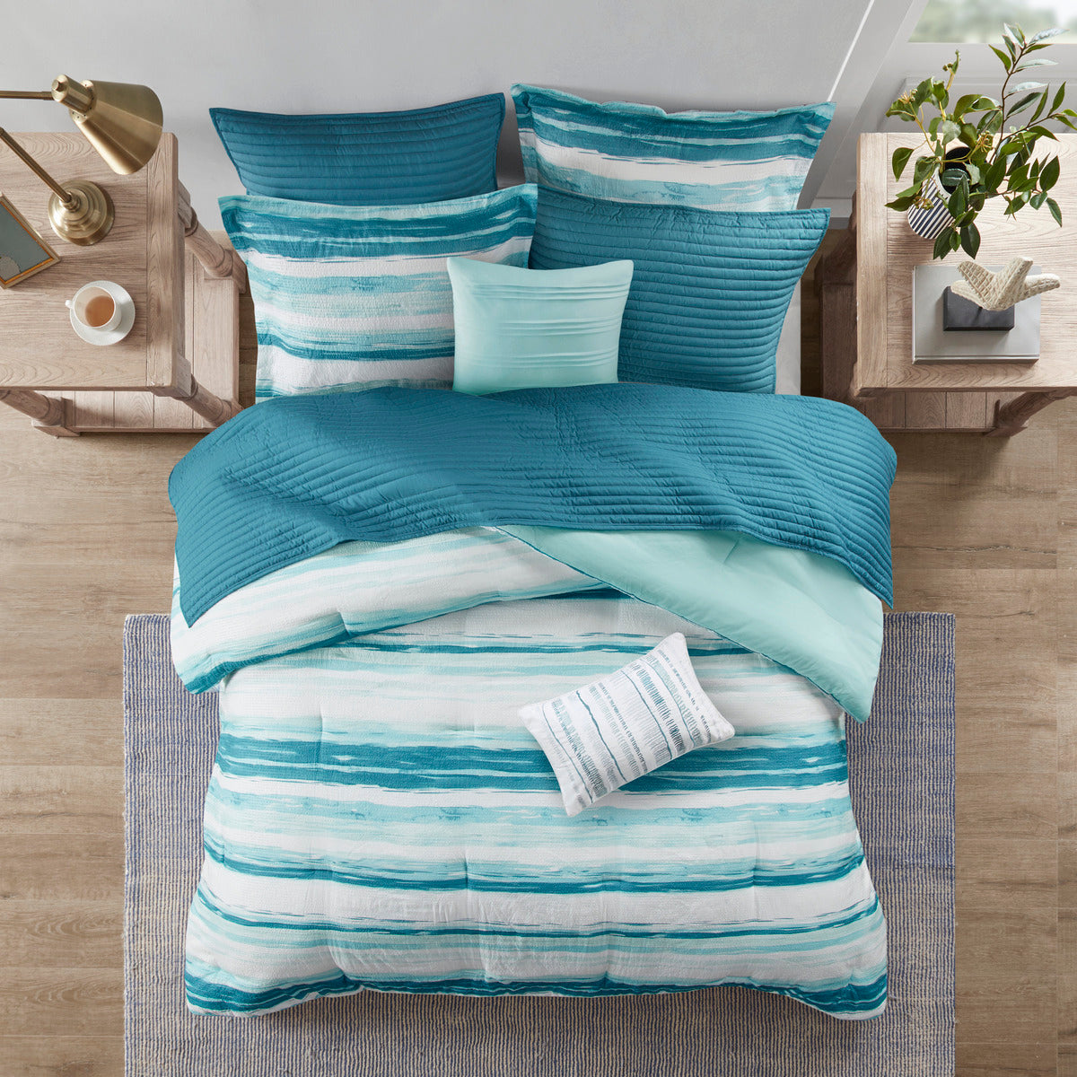 8 Piece Printed Seersucker Comforter and Quilt Set Collection Aqua King/Cal King