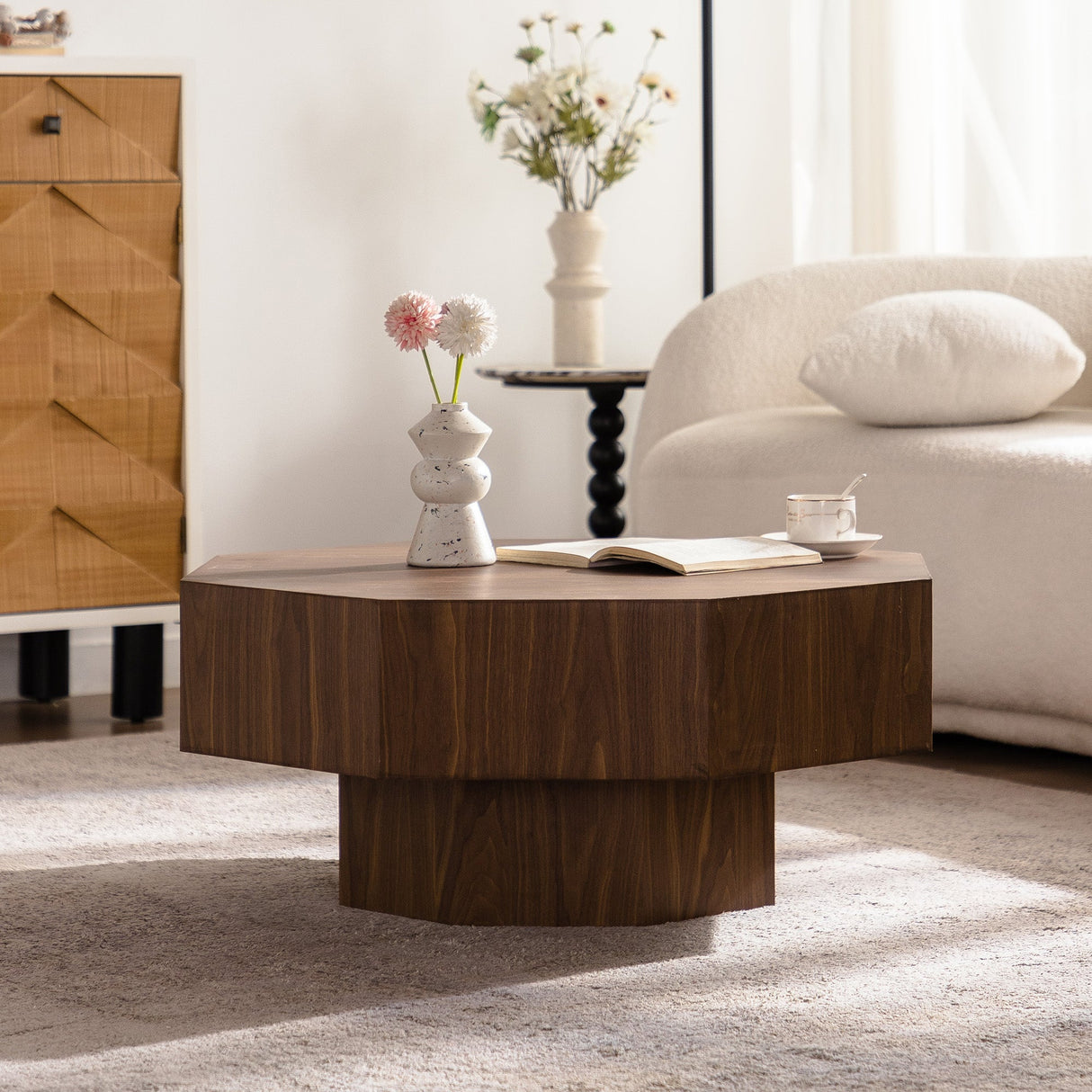 30.51 Inch Wooden Octagonal Coffee Table for Living Room