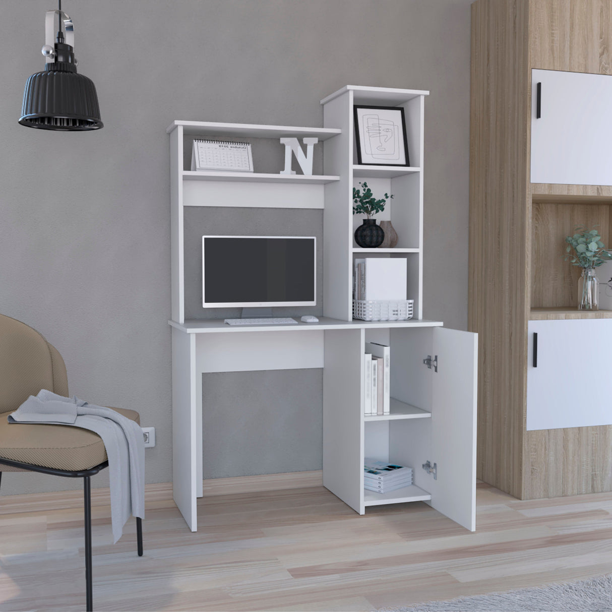 Carson Computer Desk with Hutch, Single Door Cabinet, and Shelves