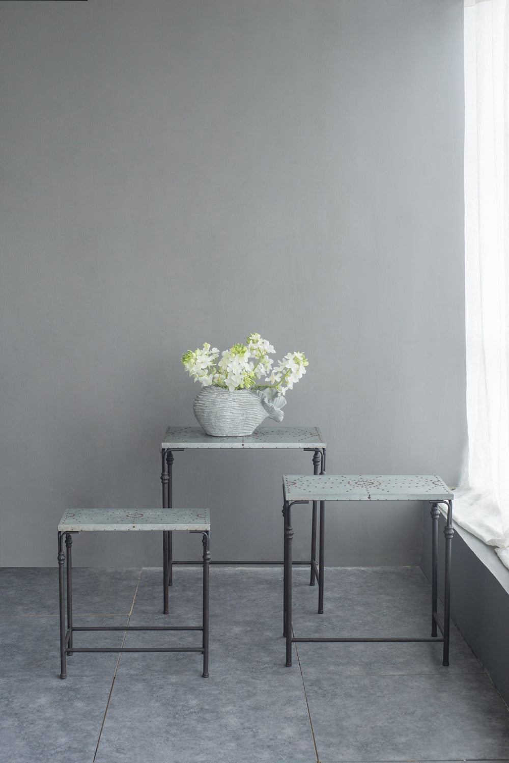 Set of 3 Metal Nesting Tables with Galvanized Tops - Antique Gray