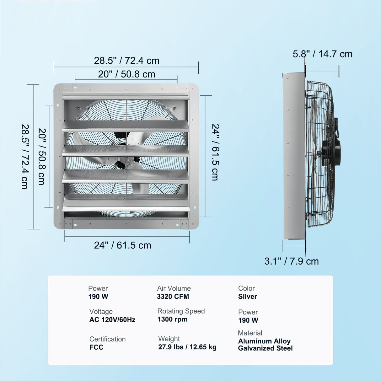 24'' Shutter Exhaust Fan with High-Speed 3320 CFM Airflow