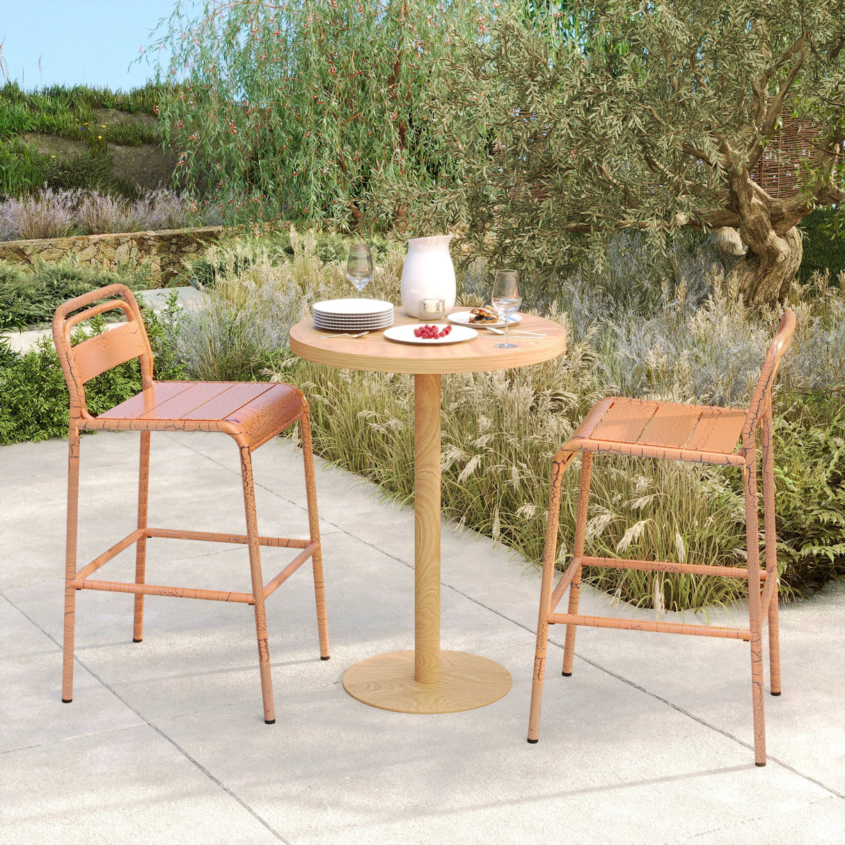 Carmella Outdoor BarStool Set of 2 Iron Slat Design Orange Matte Finish