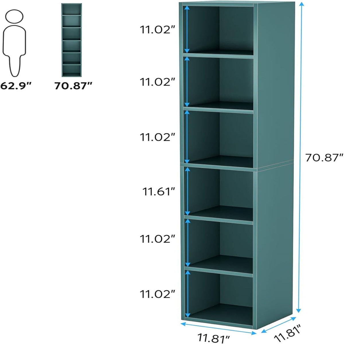 6 Tier Narrow Corner Cube Bookcase with Open Cubes - Light Blue or Dark Brown