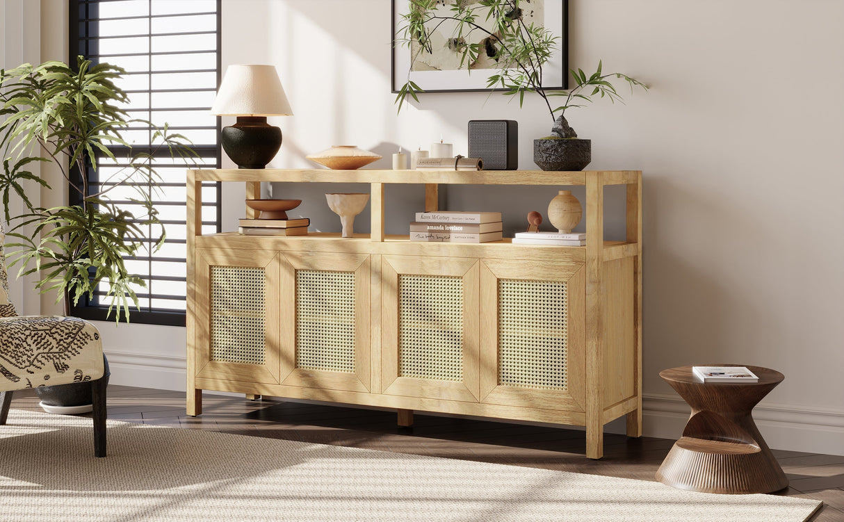 Bohemian Style Rattan Buffet Storage Cabinet with Solid Wood Frame