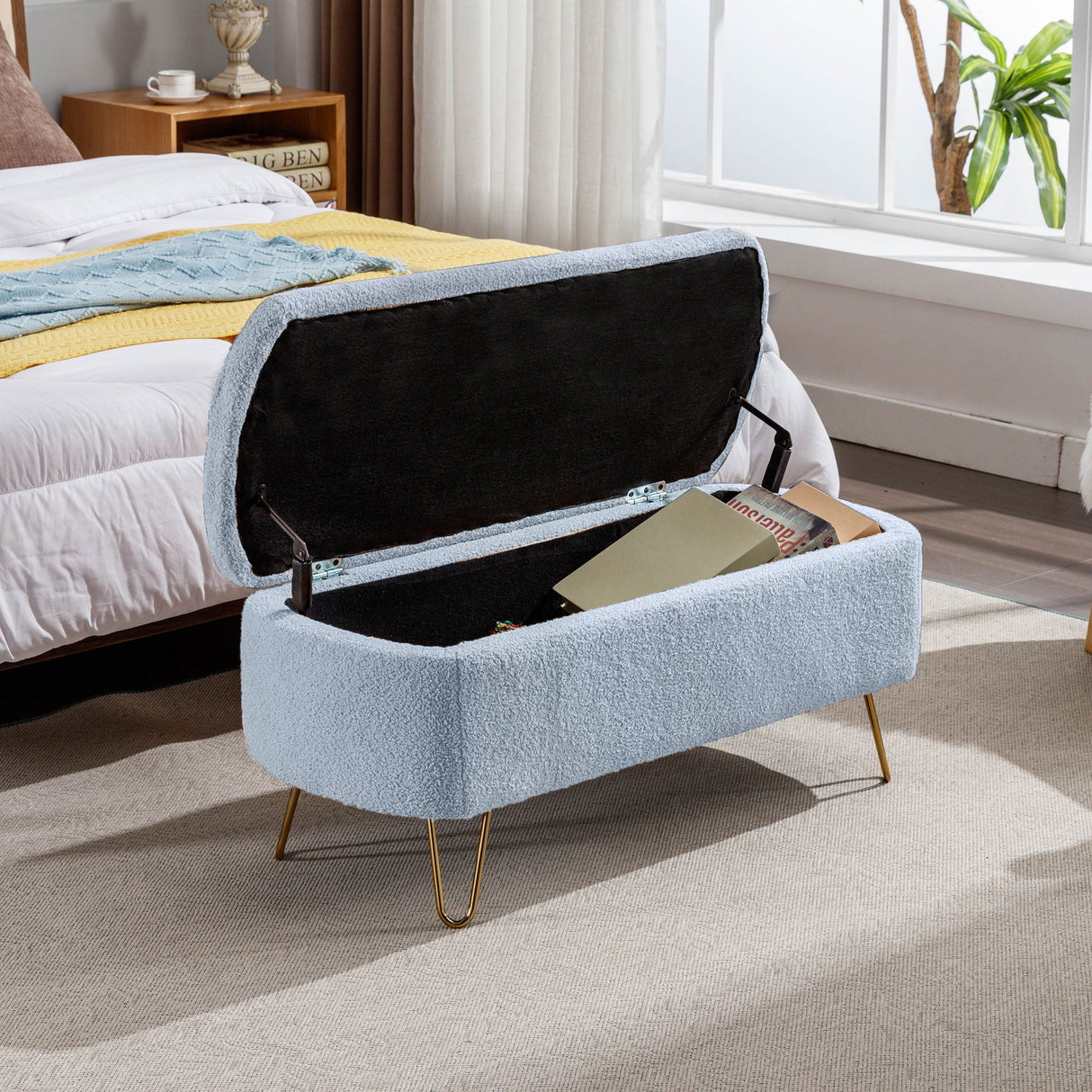 Storage Ottoman Bench For End Of Bed Legs, Modern Camel Faux Fur Entryway Bench Upholstered Padded With Storage For Living Room Bedroom