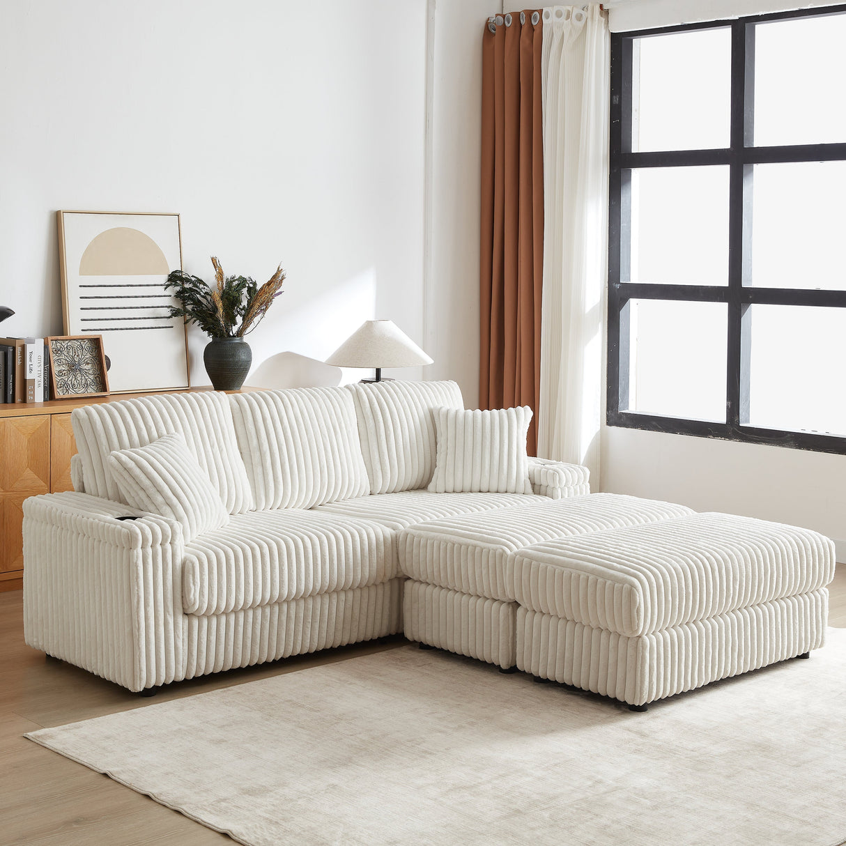 84-Inch Corduroy 3-Seater Sofa with Pillows and Ottomans