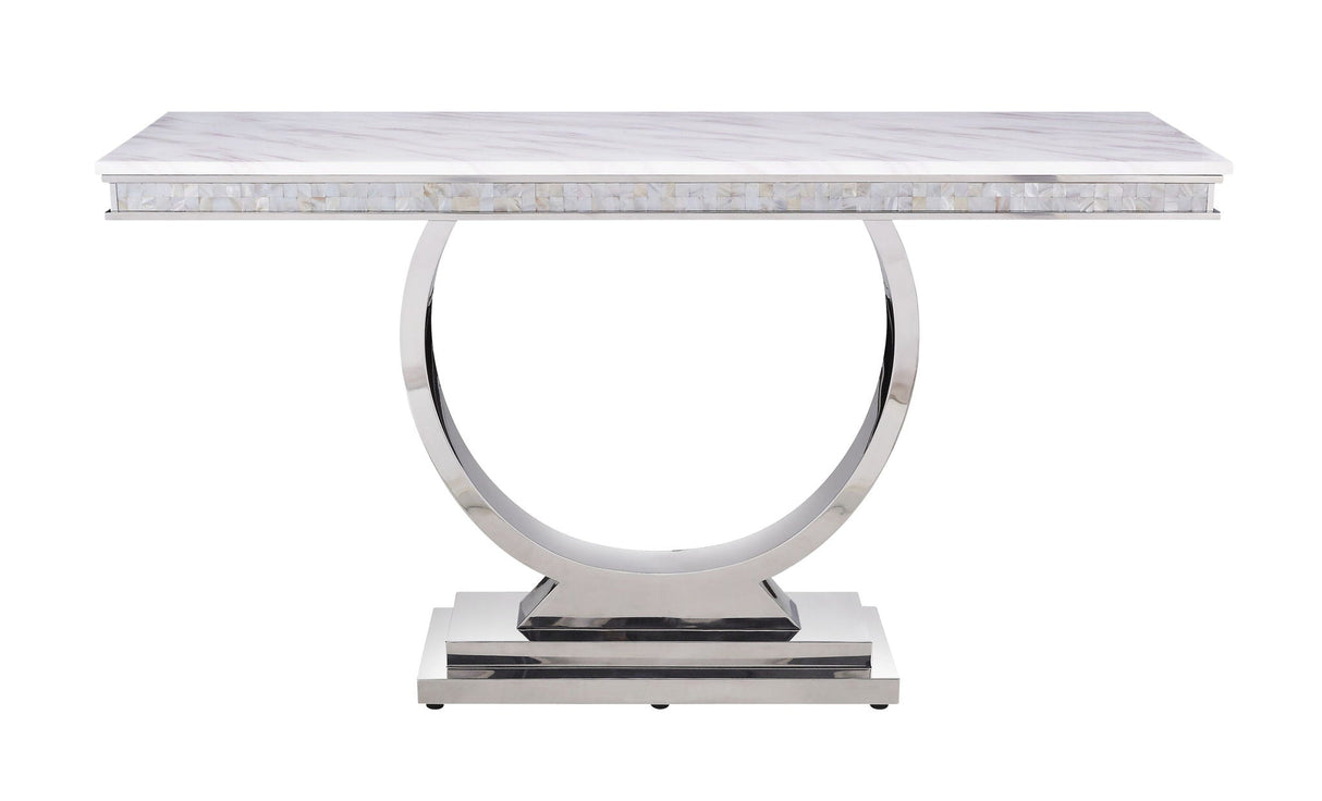 Zander - Printed Faux Marble Top Mirrored Sofa Table - Silver / White