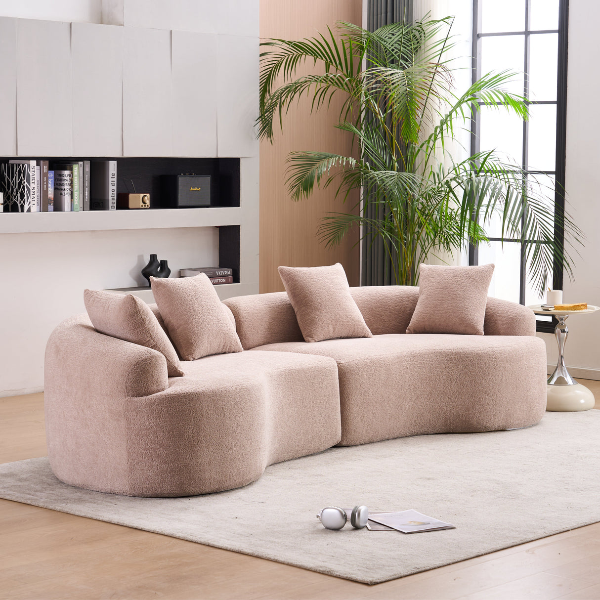 LY-025 Modular Sleeper Sectional Sofa, 4-Seater with Wood Grain Chenille Fabric