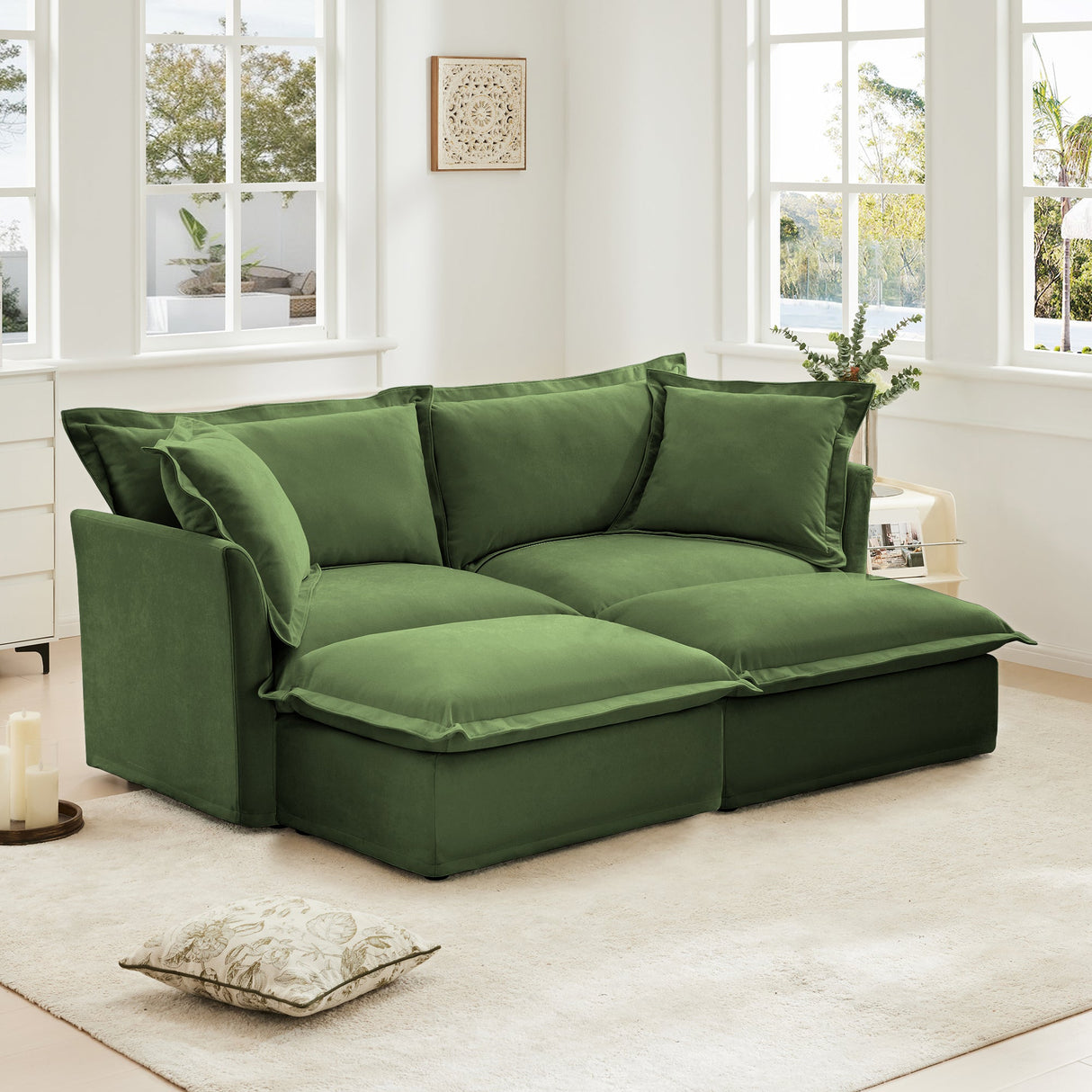 Slipcovered Sofa 2 Seater Sofa with 2 Ottomans