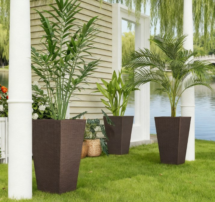 Outdoor Flower Plant Pots - Set of 3 Tall Planters with Drainage Hole