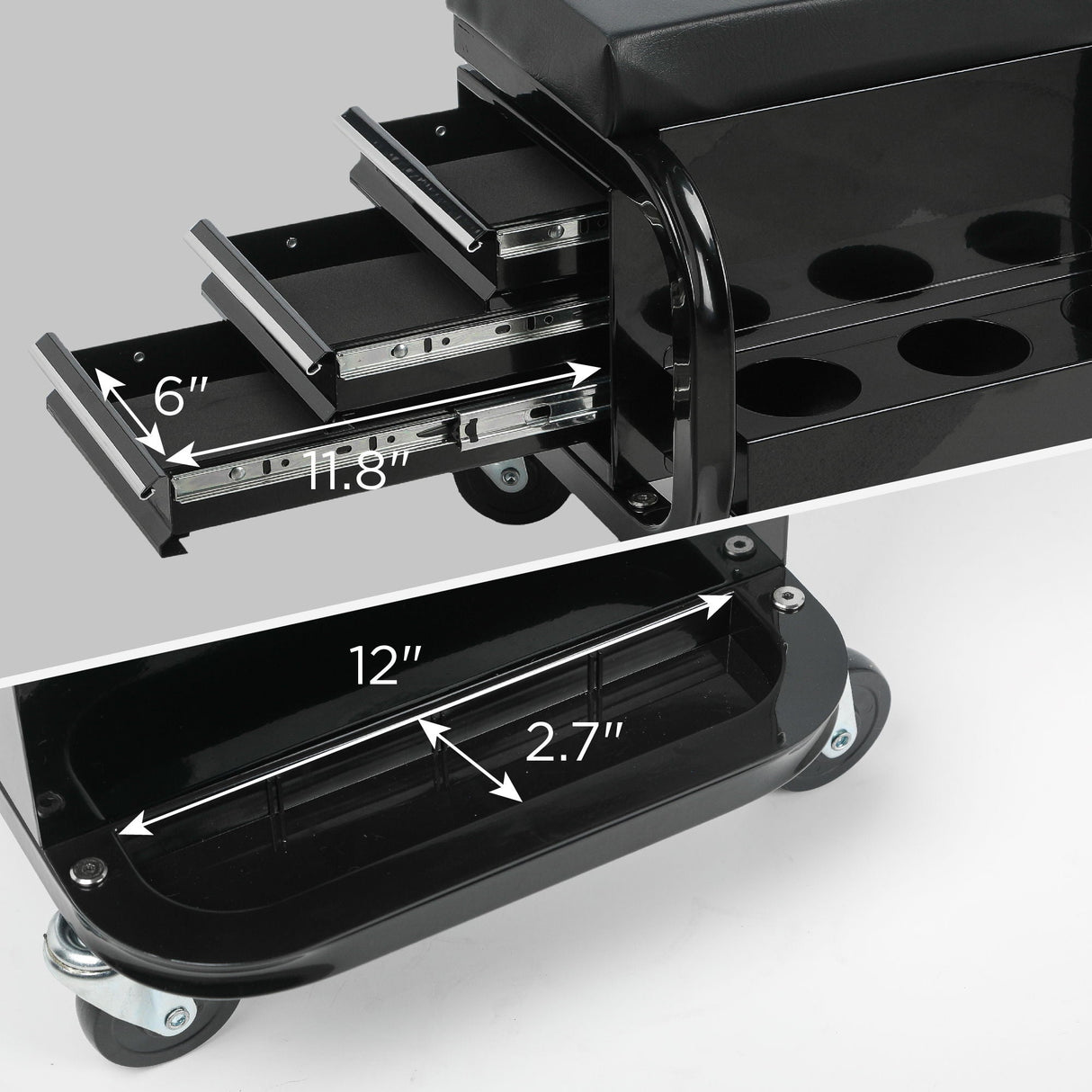 Rolling Creeper Garage Seat With 3 Built In Drawers, Rolling Tool Chest For Shop Or Garage - Black