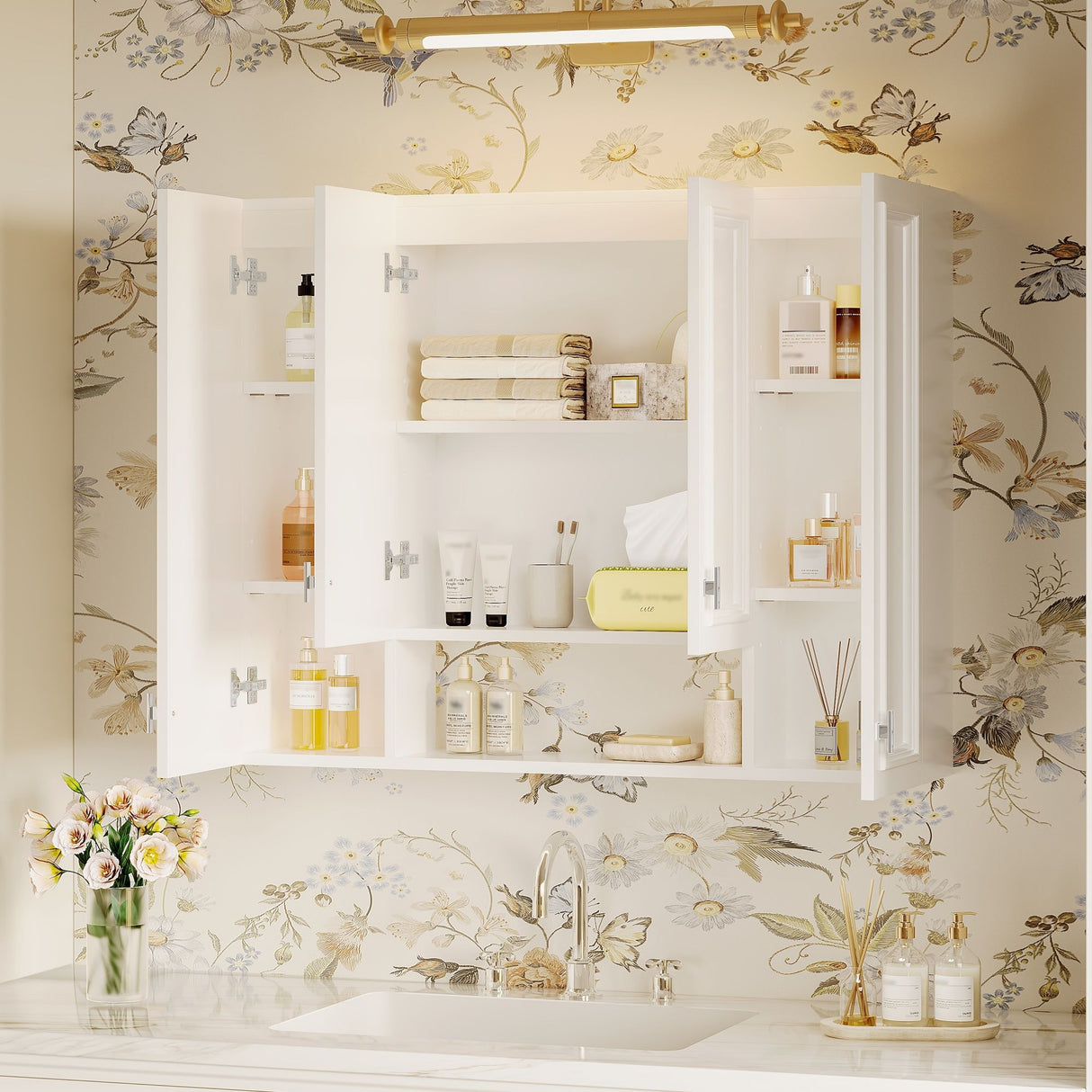 Bathroom Cabinet With 5 Adjustable Shelves, Wall-Mounted Medicine Cabinet, Soft-Closing Hinges, Open Shelving Design - White