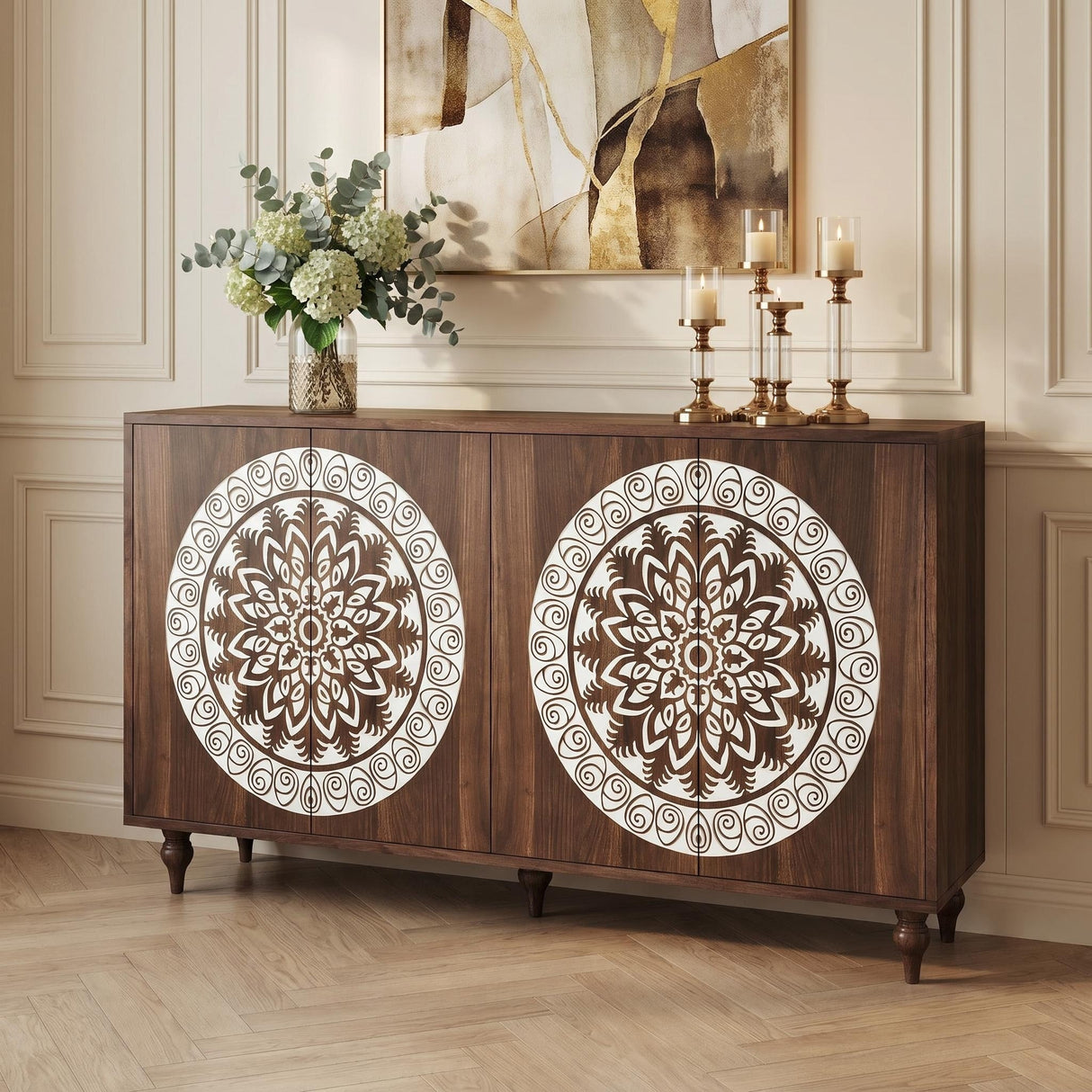 60" Vintage Mandala Carved Sideboard
