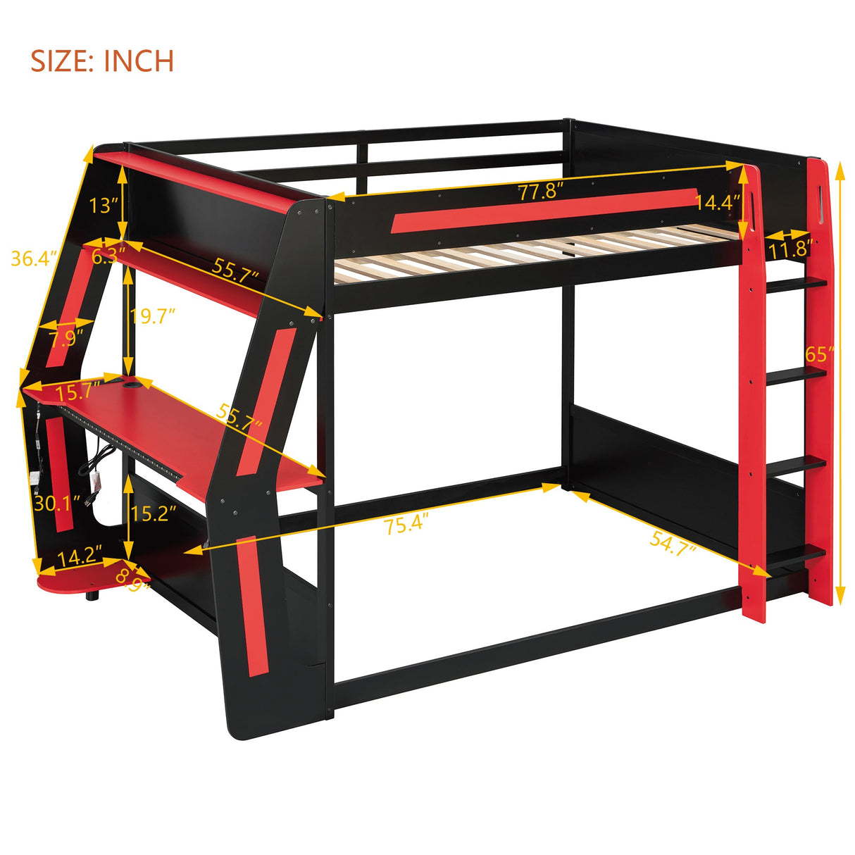 Full-Size Gaming Bunk Bed with Side-Mounted Oversized RGB Desk