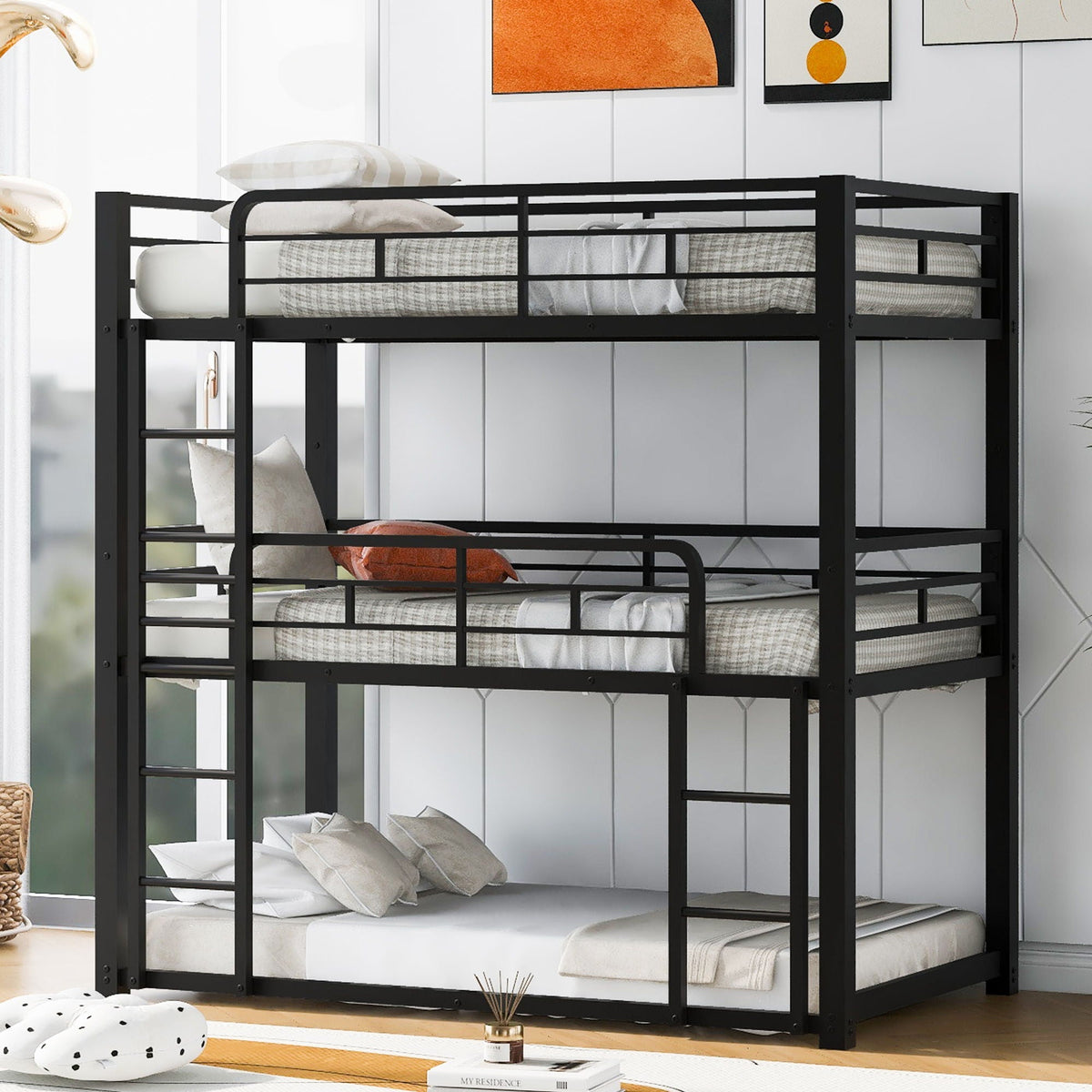 Triple Bunk Bed with Sturdy Metal Frame and Space-Saving Design - Black or Pearl Silver