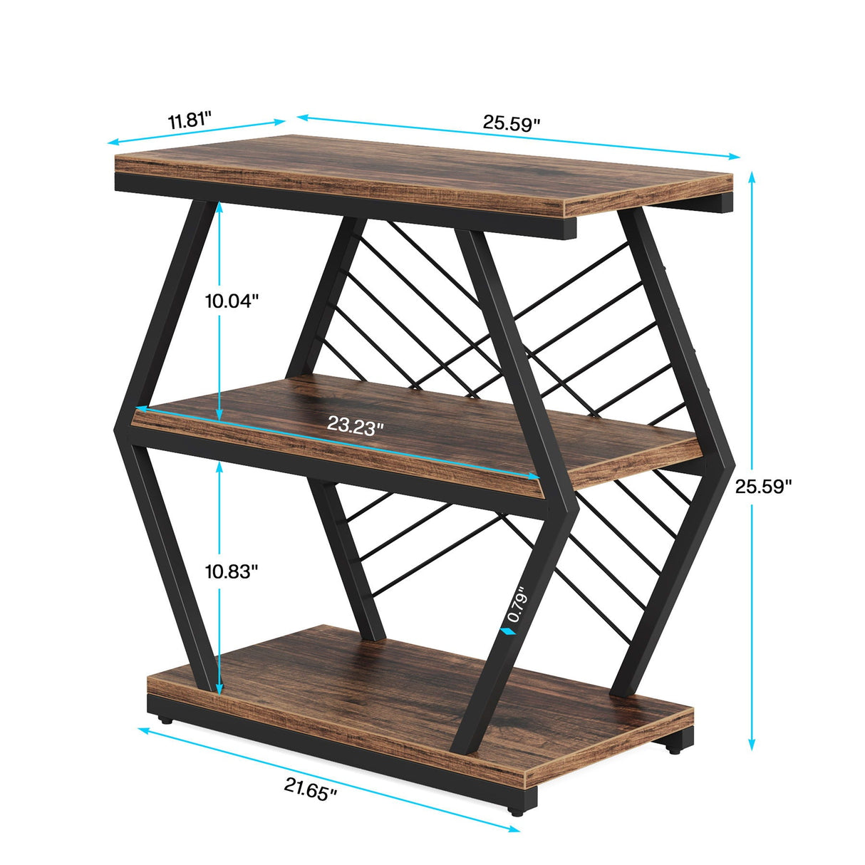 3 Tier End Table Frame With Geometric Design For Living Bedroom - Rustic Brown